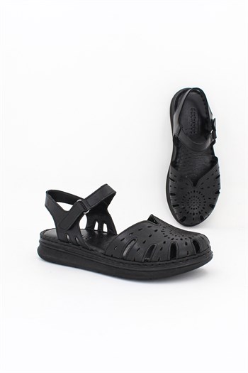 Hakiki Deri Siyah Kadın Deri Sandalet DP59-0117