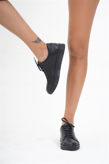 Hakiki Deri Siyah Siyah Kadın Deri Sneaker VNS-M010